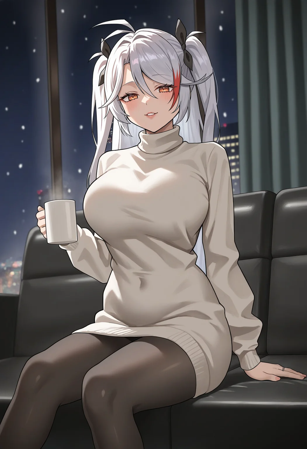 very awa, masterpiece, best quality, year 2024, newest, absurdres, highres, 1girl, prinz eugen \(azur lane\), <lora:Illustrious_Anteiru_Style:0.714285>, solo, holding cup, coffee mug, alternate costume, white sweater, turtleneck sweater, sweater dress, black pantyhose, loose clothes, black ribbon, hair ribbon, wedding ring, orange eyes, lips, parted lips, naughty face, looking at viewer, sitting, on couch, casting couch, black couch, indoors, curtains, window, snowing, city, night