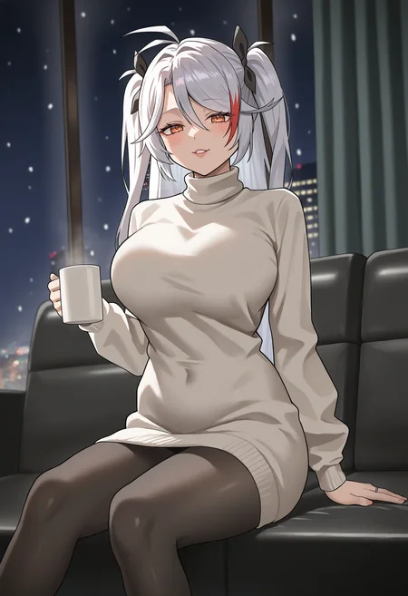 very awa, masterpiece, best quality, year 2024, newest, absurdres, highres, 1girl, prinz eugen \(azur lane\), <lora:Illustrious_Anteiru_Style:0.714285>, solo, holding cup, coffee mug, alternate costume, white sweater, turtleneck sweater, sweater dress, black pantyhose, loose clothes, black ribbon, hair ribbon, wedding ring, orange eyes, lips, parted lips, naughty face, looking at viewer, sitting, on couch, casting couch, black couch, indoors, curtains, window, snowing, city, night