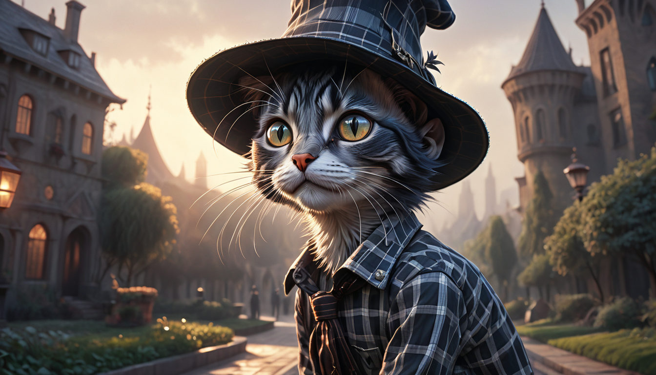positiv Clip L:
 an award-winning, photo, of a skinny Gothic cat, with a mischievous face and a bad look in the eyes, wearing a checkered shirt and a wide brimmed hat, accurate face, highly detailed, by Dan Mumford, by Artgerm, by beeple, by Greg Rutkowski, volumetric lighting, octane render, 4K resolution, trending on artstation, masterpiece 
positiv Clip G:
 an award-winning, photo, of a skinny Gothic cat, with a mischievous face and a bad look in the eyes, wearing a checkered shirt and a wide brimmed hat, accurate face, highly detailed, by Dan Mumford, by Artgerm, by beeple, by Greg Rutkowski, volumetric lighting, octane render, 4K resolution, trending on artstation, masterpiece that captivates the viewer. natural dark blue eyes exude depth and penetration. sunset in the background,
