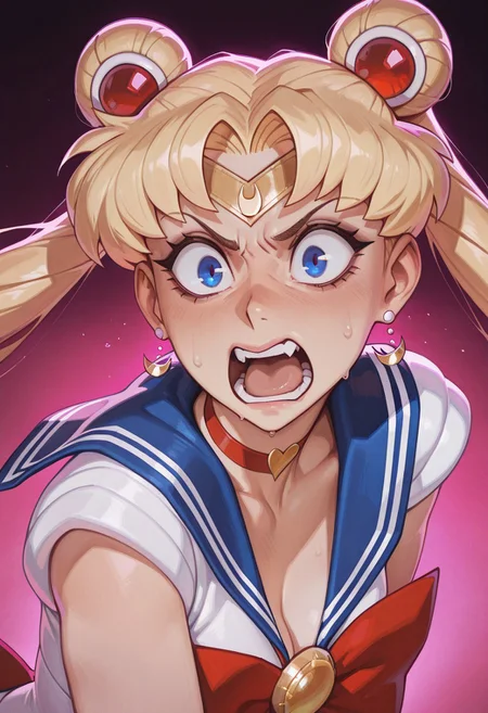 masterpiece, best quality, newest, absurdres, highres, dark lighting, pixelsketcher, fisheye view.
sailor moon, blonde hair, blue eyes, open mouth, aggressive, surprised, angry.
pink background