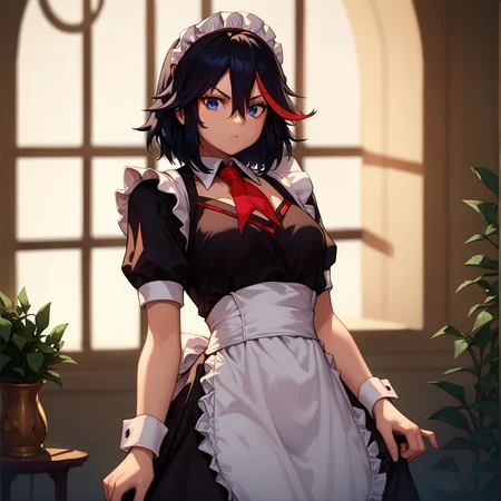 (score_9, score_8_up, score_7_up, masterpiece, best quality, extremely detailed face, perfect lighting,)1girl, solo, matoi ryuuko, black hair, red hair, streaked hair, looking at viewer, blue eyes,
maid, maid headdress, maid apron, cowboy shot,
<lora:Matoi_RyuukoSDXL:1>, <lora:hou621:0.8>