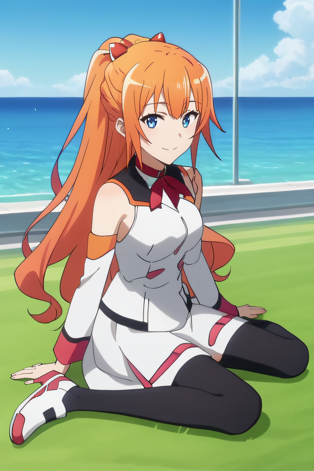 score_9, score_8_up, score_7_up, source_anime, rating_safe, intricate details, anime screencap, official style, solo, 1girl, <lora:Kinushima_Michiru:1>, kinushima, orange hair, long hair, ponytail, white shirt, bareshoulders, white detached sleeves, uniform, white skirt, red ribbon choker, black thighhighs, white shoes, looking at viewer, smile, outdoor, sitting on grass