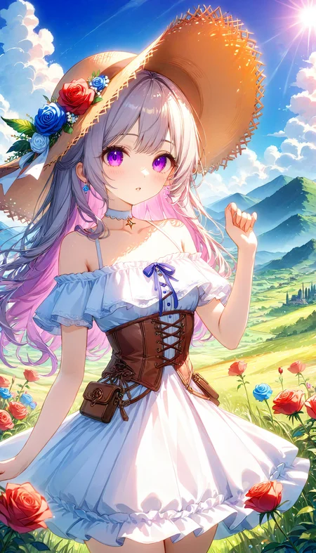 score_9_up,score_9,score_8,score_8_up,(score_7_up, score_7,score_6_up:0.8),source_anime,official art,(best quality),masterpiece,an extremely delicate and beautiful,extremely detailed,finely detail,ultra-detailed,highres,beautiful detailed,brightly colored,IRL,Fantasy,Photo,Unreal Engine 5,beautiful eyes and face,<lora:SoftWatercolors:1.2>,1girl,hat,outdoors,flower,dress,solo,long hair,purple eyes,looking at viewer,white dress,straw hat,gray hair,hat flower,rose,bare shoulders,day,sky,cowboy shot,short sleeves,blue flower,frills,parted lips,standing,corset,blush,frilled dress,field,red flower,cloud,jewelry,collarbone,blue sky,sun hat,grass,hand up,mountainous horizon,white choker,off shoulder,brown headwear,