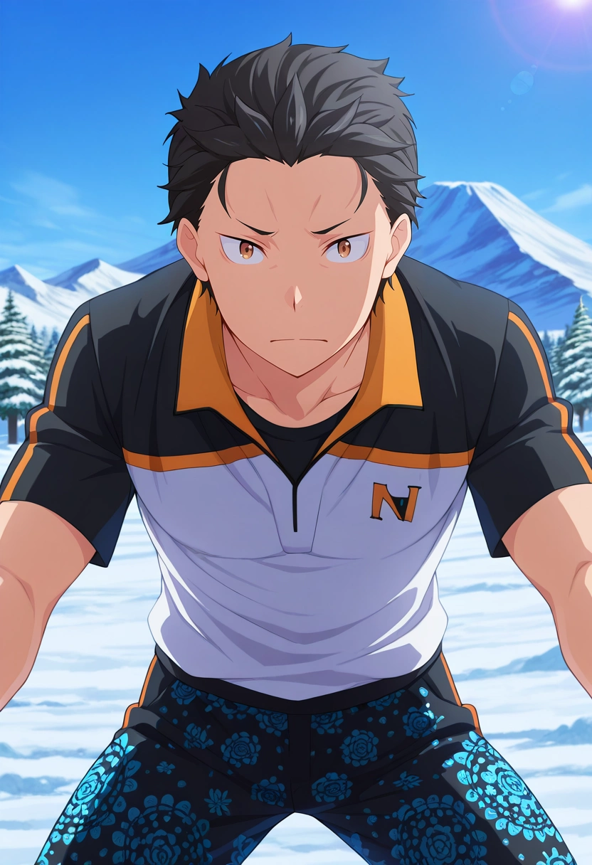 masterpiece, best quality, intricate details, anime screencap, , official style, looking at viewer, 1boy, solo, male focus, <lora:subaru_natsuki_ilxl:0.92>, subaru_natsuki, black hair, brown eyes, short hair, natsuki subaru, hair slicked back, , Mount Kilimanjaro, Tanzania, snow-covered peak, lush jungle, trekking pose, determined expression, early morning light, Paisley Seersucker pants, Pique polo shirt, , ,