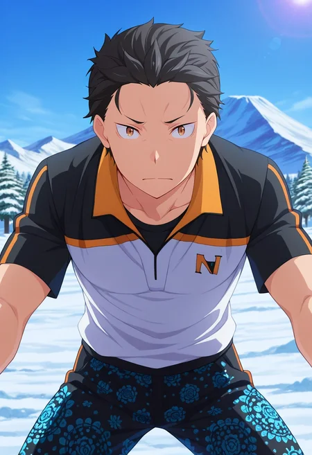 masterpiece, best quality, intricate details, anime screencap, , official style, looking at viewer, 1boy, solo, male focus, <lora:subaru_natsuki_ilxl:0.92>, subaru_natsuki, black hair, brown eyes, short hair, natsuki subaru, hair slicked back, , Mount Kilimanjaro, Tanzania, snow-covered peak, lush jungle, trekking pose, determined expression, early morning light, Paisley Seersucker pants, Pique polo shirt, , ,