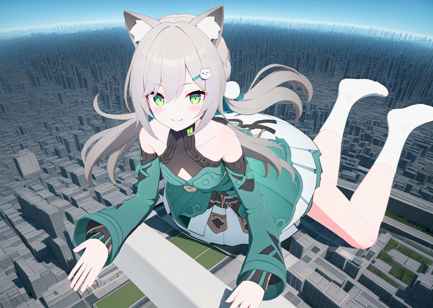 high quality, masterpiece, 
digital art, city, 3d,
1girl, solo, full body, green eyes, blush, sparkling eyes, smile, wide shot, 
on stomach, looking at viewer, own hands together, 
grey hair, twintails, cat ears, pom pom hair ornament,
detached sleeves, long sleeves,
green dress, white skirt,
(bare legs),
white socks,
no shoes, 
<lora:qingque60-you-014:0.7>
