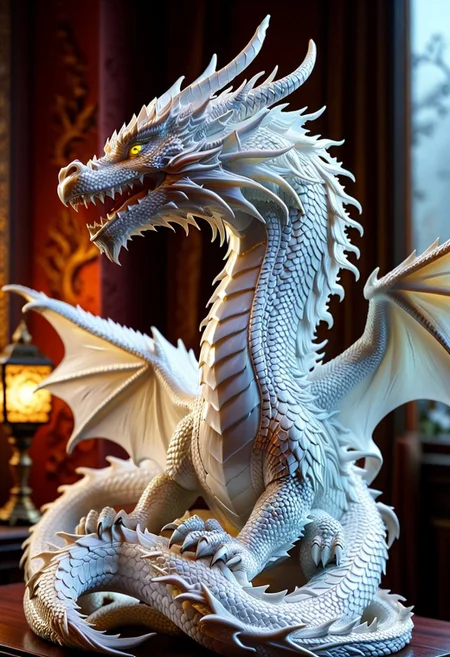 A photorealistic image of a majestic dragon figure,
crystalstexture skin,(extremely delicate and beautiful), highly detailed, WhiteMold, art style, 3d printed mold,
intricate details, dramatic composition, contrast, texture, realism, high quality, stunning art, film grain, volumetric lighting, detailed,
background is cozy room,