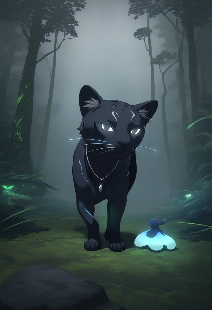 A sleek, midnight-black panther with glowing silver eyes and spectral, misty fur prowls through a highland jungle, half-concealed by the creeping fog. Its form appears to flicker between solid and shadow, giving it an ethereal presence. Bioluminescent fungi glow faintly in the background, illuminating ancient twisted roots and stones. Ink drips and painterly smudges blur the line between the physical and the spectral, making the panther feel like a guardian of unseen realms
