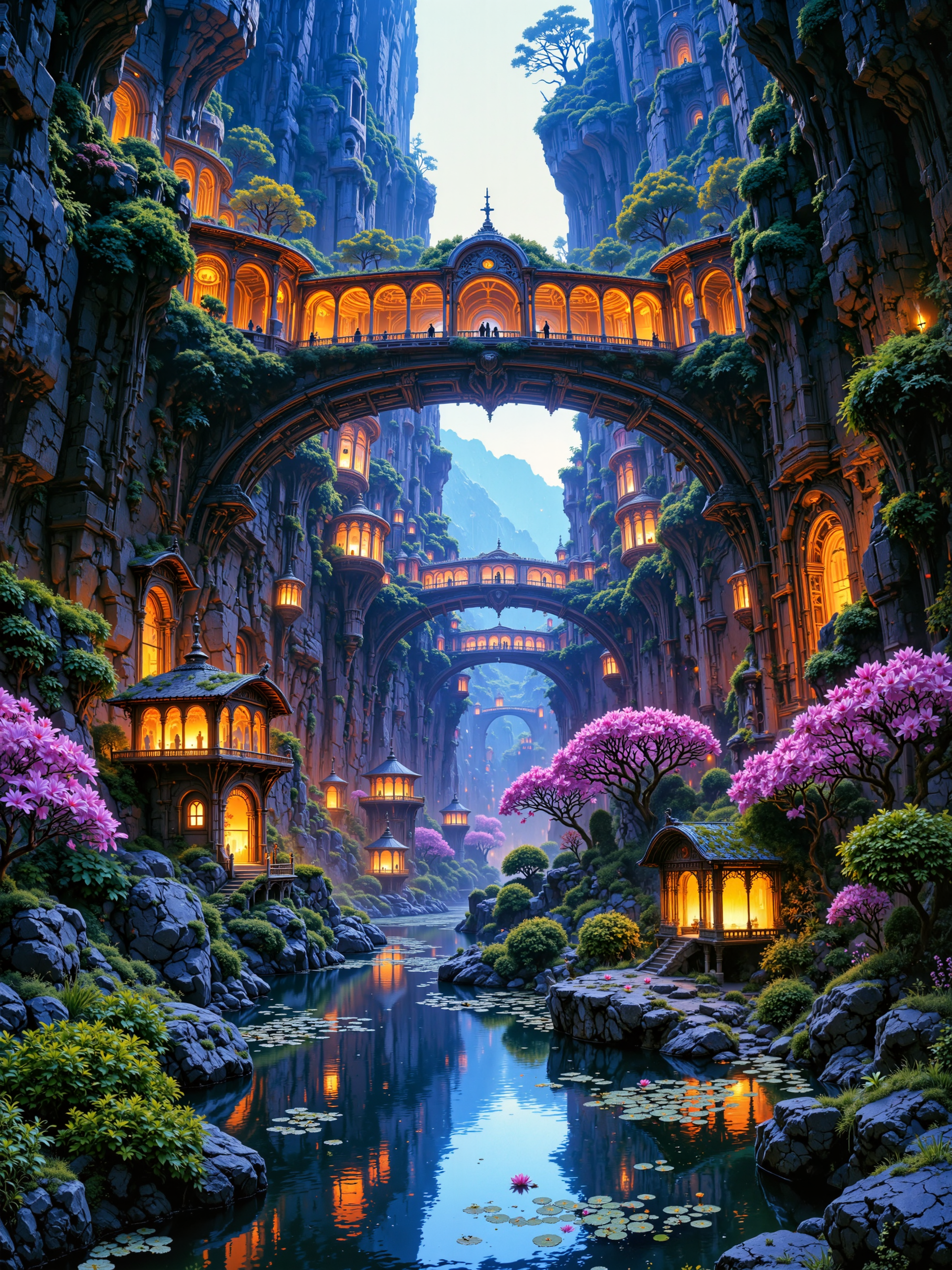 exotic and primordial scenery on a distant world, very aesthetic, extremely detailed and realistic, professional artwork, 8k, 4k, ultra-high-resolution, fantasy style scenery with art nouveau and elven influences, a tranquil, narrow canyon at twilight, where the last traces of sunlight are fading behind the towering cliffs, casting soft lavender and deep blue shadows across the scene, bioluminescent plants flicker gently among moss-covered rocks, while elegant arched structures with moss-topped roofs glow warmly with amber and golden lights, masterfully crafted and intricate, symmetrical bridges connect the pavilions suspended above the water, the river reflects the darkening sky, now tinged with shades of indigo blue and purple, and mirrors the scattered lights from the buildings, lily pads float across the surface in loose clusters, while richly colored shrubs in pink, crimson, and orange add vivid warmth to the otherwise cool palette, the camera is positioned just above the river level, with a slight upward angle, creating an immersive perspective that draws the eye toward the soft vanishing point beyond the bridges and deeper into the canyon, rembrandt style lighting enhances contrast between the darkening landscape and the glowing interiors, the interplay of warm artificial lights and cool ambient tones creates a painterly, cinematic tension, soft mist begins to settle in the canyon, diffusing the light from lanterns and casting ghostly reflections on the water, shot on 65mm film with a fine-grain emulsion and soft bloom filter, emphasizing contrast between artificial and natural light, twilight hues rendered with rich saturation and delicate tonal transitions, ovg, artilands02, <lora:style-fantastic_landscapes-v2-flux-by_artifyai:0.84>