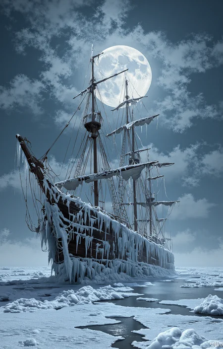 digital painting depicting an old, rugged sailing ship frozen in ice. The ship, with its tall, weathered masts and sails, dominates the foreground. The ship's hull is covered in a thick layer of ice, giving it a ghostly, almost ethereal appearance. The masts and rigging are also encased in ice, adding to the ship's frozen state. The sails are tattered and torn, suggesting years of wear and exposure to the elements., 
The background features a large, full moon, casting a silvery glow over the scene. The moon is partially obscured by thin clouds, which contribute to the overall moody and atmospheric feel of the painting. The sky is a deep, dark blue, transitioning into lighter shades near the horizon, where the moon is located., 
The water surrounding the ship is frozen, with ice extending out into the distance, creating a surreal, icy landscape. The texture of the ice is smooth and reflective, adding to the sense of cold and isolation. The overall color palette is dominated by cool tones, with blues and whites predominating, enhancing the feeling of cold and desolation., <lora:aidmaImageUpraderv0.3:0.4>, aidmaimageupgrader, <lora:diffusion_pytorch_model:1>, <lora:aidmaMJ6.1_v0.5_3:0.7>, aidmaMJ6.1, ultra quality, ultra detailed, intricate details