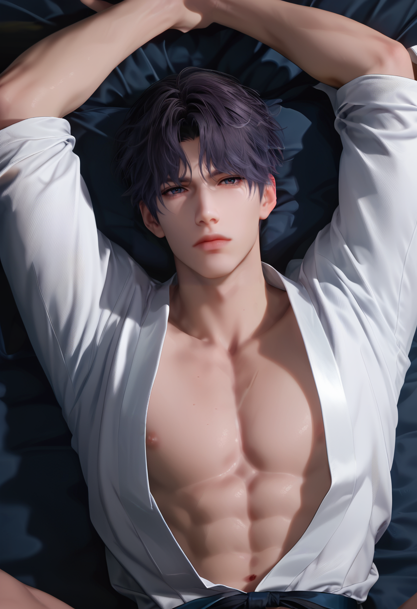 score_9,score_8_up,score_7_up,1boy,solo,yaoi,bara,male focus,fairly nsfw,uncersored,highres,best quality,amazing quality,best aesthetic,absurdres,<lora:add-detail-xl:1>,<lora:Rafayel:0.5>,rafayel,bangs,lips,<lora:Expressive_H:1>,Expressiveh,closed mouth, open clothes, lying,on bed, japanese clothes,looking at viewer, arms up,