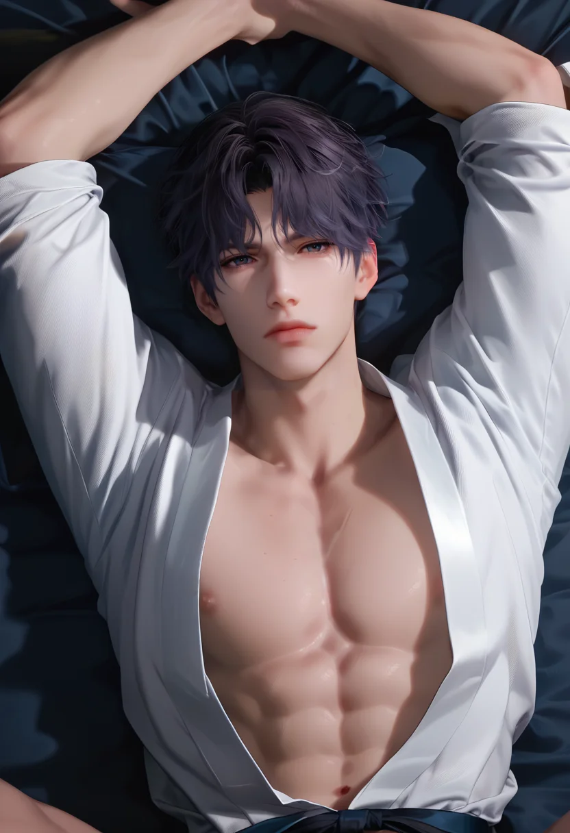 score_9,score_8_up,score_7_up,1boy,solo,yaoi,bara,male focus,fairly nsfw,uncersored,highres,best quality,amazing quality,best aesthetic,absurdres,<lora:add-detail-xl:1>,<lora:Rafayel:0.5>,rafayel,bangs,lips,<lora:Expressive_H:1>,Expressiveh,closed mouth, open clothes, lying,on bed, japanese clothes,looking at viewer, arms up,