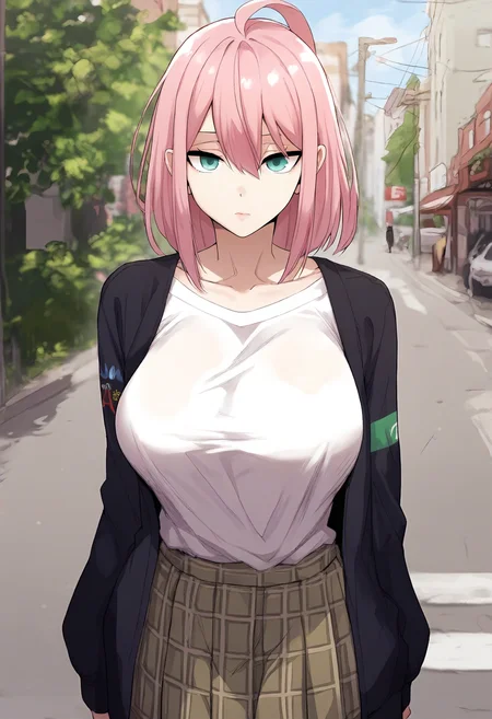score_9, score_8_up, score_7_up, score_6_up, source_anime, rating_explicit, 1girl, huge breasts, <lora:Cha Si-rin prefectPonyxl:0.9> pink hair, hair between eyes, ahoge, medium hair, blue eyes, aqua eyes, green eyes, (black jacket:1.1), collarbone, white shirt, t-shirt, long sleeves, plaid skirt, pleated skirt, expressionless, street, outdoors, looking at viewer, (front view:1.1)