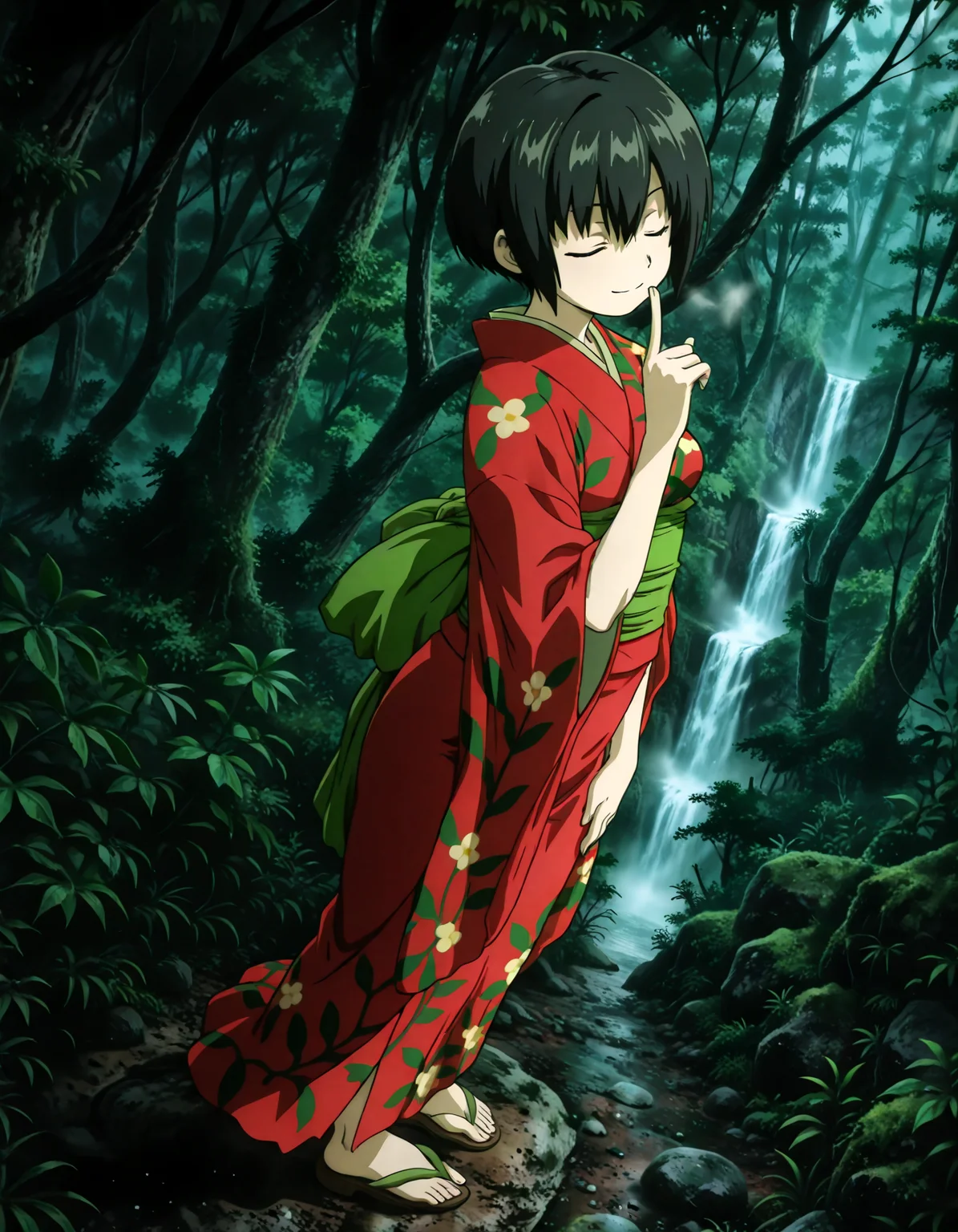 (1girl, solo:1.3), (2girls, 3girls, 4girls, multiple girls, 2boys, 3boys, 4boys, multiple boys:-1.5) <lora:Ioroi_Renzu_Mushi-shi_Illustrious:0.9>, ioroi_renzu, medium breasts, grey eyes, green eyes, black hair, short hair, bob cut, bangs, hair between eyes, japanese clothes, kimono, red kimono, obi, green obi, sandals smile, (tongue out:0.7), closed eyes, general, contrapposto, dynamic pose, shushing, portrait, from behind, from above, dutch angle, outdoors, forest, japanese forest, japanese shrine, (torii:-1.0), ancient forest, dense foliage, mossy trees, mist, eerie silence, no people, overgrown, primeval, twilight lighting, mystical, waterfall, A vast, untouched forest frozen in time, where ancient, towering trees with thick, moss-covered trunks rise from a ground layered with centuries of decaying leaves and soft green undergrowth. Twisted roots snake across damp soil, and the air hangs heavy with mist and silence. Shafts of pale light struggle to pierce the dense canopy, casting a faint glow on the shadowy floor below. Ferns and strange fungi thrive in the perpetual twilight, and no sign of human presence disturbs the eerie stillness. The atmosphere feels sacred, as if the forest itself is watching. A green forest with tall trees and dense foliage, an abstract depiction of a tranquil forest scene, where the towering trees create a serene, mystical atmosphere. The forest floor is covered with rich greenery, and the soft natural light filters gently through the leaves, subtly illuminating the scene without overpowering the natural beauty of the surroundings. (close-up:1.3), face focus, midnight, fog, rain, , night, , (from above:1.2), , from side, (light leaks, light rays:1.1), <lora:NOOB_EPSv1_1_detailer_by_vlnvk_v1_0:1.5>, (photo background:0.7), evening, (tachibana yuu:0.6), inue shinsuke, (kazuma muramasa:0.0), saikawa yusa, (aoi manabu:0.6), abarerumidori, (suzui narumi:0.6), masterpiece, newest, absurdres, 8K, anime screenshot, anime coloring, flat color, official art, film grain, <lora:illustriousXLv01_stabilizer_v1.185c:0.7>, <lora:LECO_Solo:-4.0>,