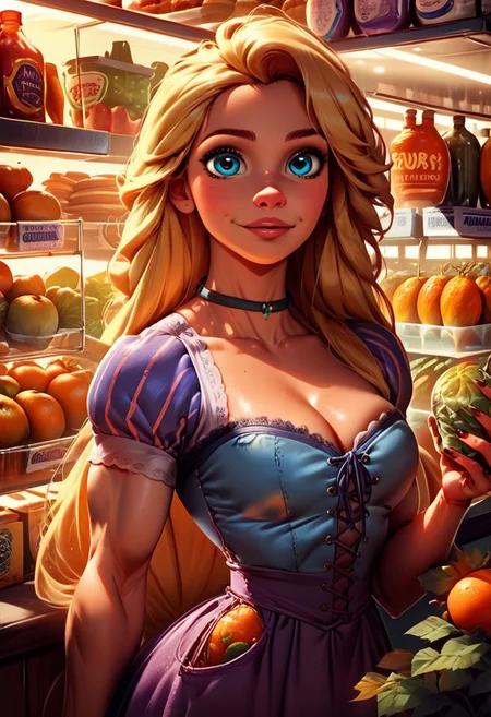 score_9, score_8_up, score_7_up, source_illustration; 1 girl, Rapunzel, muscular, jacked, bodybuilder; long hair, blonde, blue eyes; bowsette dress; at the grocery store; grocery store fruits and vegetables in the background; detailed eyes, intricate details, colorful; rating_safe