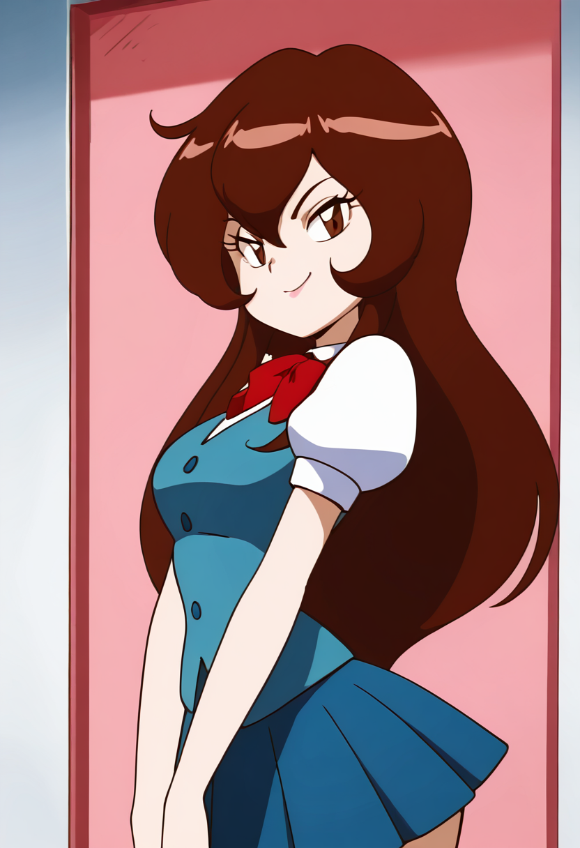 masterpiece, best quality, solo, curvy, beautiful eyes, aged up, large breasts, wide hips, narrow waist, 1girl, solo, smile, looking at viewer, zzGiselle, brown eyes, hair between eyes, brown hair, long hair,   red bowtie, puffy short sleeves, blue vest, buttons, blue skirt, smug,  <lora:GisellePokemon_IXL:1.0>,     , smile, looking at viewer, side view, upper body,  <lora:DiivesIXL:1.0>,