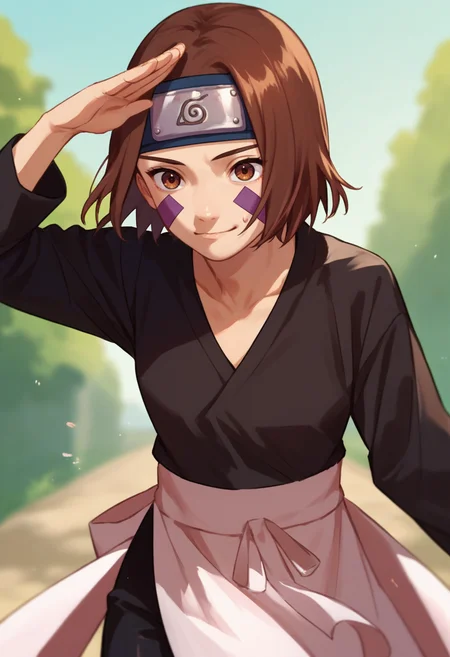 score_9, score_8_up, score_7_up, source_anime, 1girl, nohara rin, short hair, brown hair, brown eyes, purple facial mark, black shirt, long sleeves, white apron, black shorts, forehead protector, red thighhighs, salute, <lora:Nohara Rin 1 rep-000010:1>