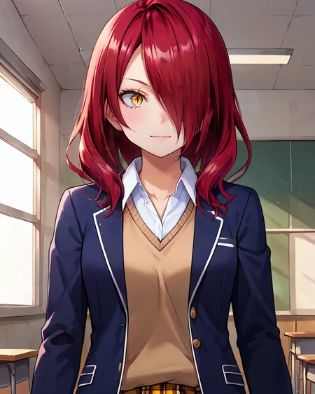 score 9, score 8 up, 1girl, masterpiece, <lora:Rindou_Kobayashi_Food_Wars_Pony_XL:0.8>, kobayashi rindou, red hair, hair over one eye, slit pupils, yellow eyes, school uniform, blue jacket, sweater, plaid skirt, classroom, scenery