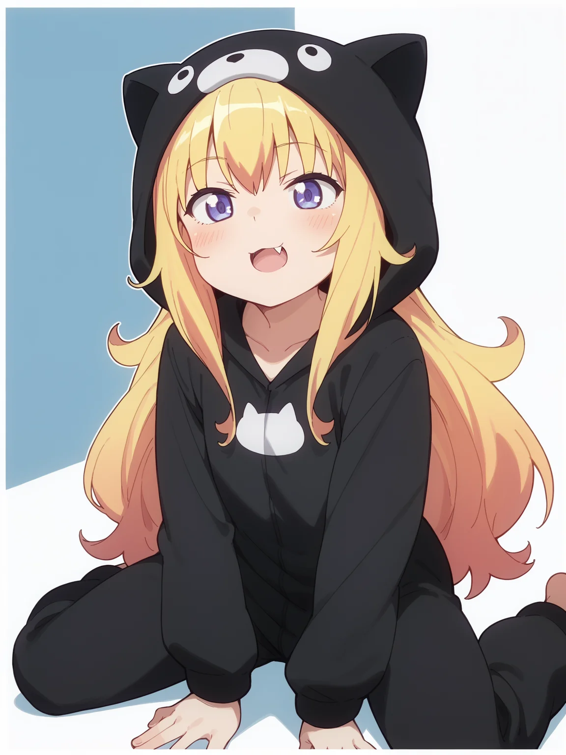 score_9, score_8_up, score_7_up, anime, 1girl, solo, <lora:Gabriel_DropOut-Gabriel_Tenma-PDXL:1>, gabriel tenma white, long hair, teeth, white outline, white border, animal onesie, black onesie, cat onesie, fang, sitting, kneeling, wariza, spread legs,