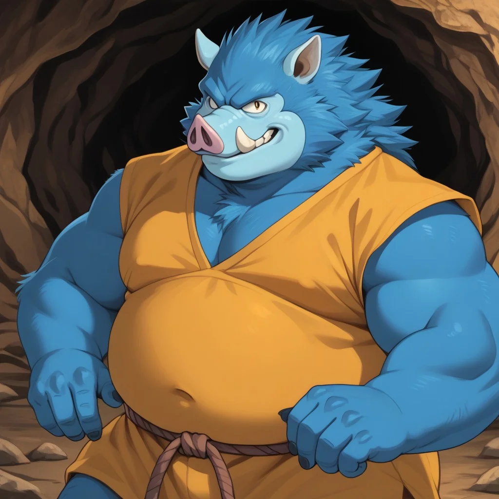 score_9,score_8_up, furry, 2d,
look to viewer, detail eyes, detail face, upper body,
blue and OrcKing(DragonQuest) and boar and blue fur and blue body and boar snout and boar ears and boar fangs and muscle and obese and overweight and manly face and huge belly and chubby face,
yellow topwear, string belt,
in cave, sinister cave,