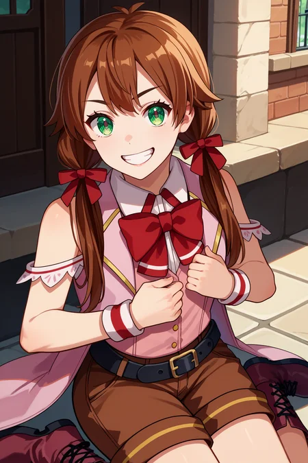 score_9, score_8_up, score_7_up, score_6_up, source_anime, 1girl, solo, <lora:roroaamidonia-pdxl-nvwls-v1-000005:1> roroa, brown hair, long hair, low twintails, green eyes, hair ribbon, collared shirt, red bowtie, pink coat, sleeveless, black belt, brown shorts, wristband, grin, looking at you, cross-laced boots, kneeling, chestnut mouth, looking at you, hand on own chest, village
