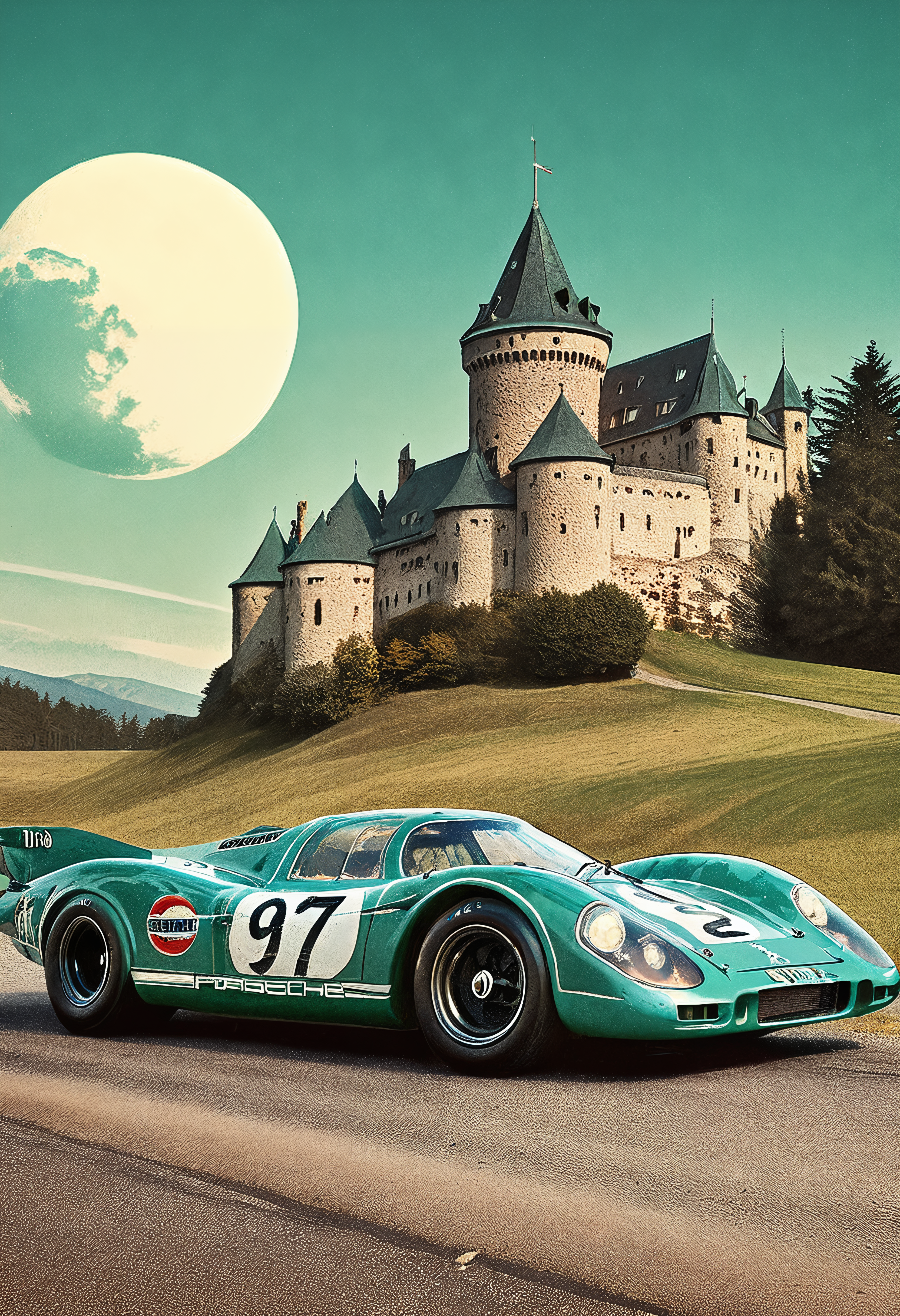 a bendaydots, retro comic, retro, pop art of a distant small far away Teal Green porsche 917k, p0rsche9l7xl, A romantic, fairytale castle in Germany.  ,  side view , high view , dark, low-key,   low color saturation, concept art, perfect composition, masterpiece, professional photography, zeiss lens, shot on dslr 64 megapixels, sharp focus, intricately detailed, dramatic, tilt shift, f/32,