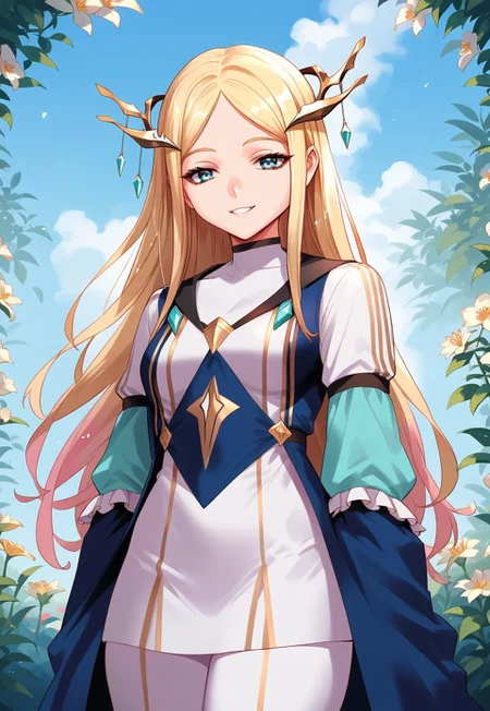 zPDXL3, score_9_up, score_8_up, score_7_up, (Anime_source), 1girl, AudreyArarat, blue eyes, blonde hair, long hair, Audrey clothes, horns, cowboy shot, looking at viewer, floating hair, parted lips, smile, garden, flowers