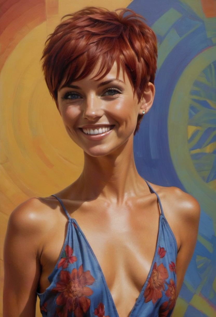 ((oil painting)), 1girl, Short-haired Czech hippy-girl, tanned skin, ((loose thin skimpy hippy summer-dress with extremely low-plunging front)), ((transparent dress)), (dropped armholes), ((one exposed small breast)), (side-boob), (tubular breasts), covered nipples, ((cheeky embarrassed smile)), tattoo on shoulder, ((dimples)), (((blue-textured short dark-ginger/dark-red pixie-cut hair))), (((narrow hips))), sunny late-evening, ((at formal event)), Intricate textures, (high detailed skin:1.5),