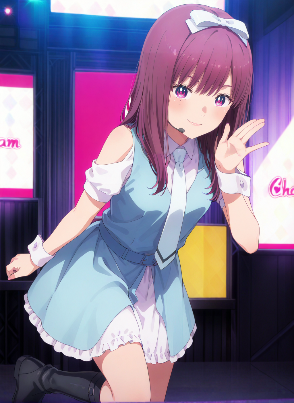 High quality,Ultra detailed,best quality,insanely detailed,beautiful,masterpiece,absurdres,very aesthetic,sensitive BREAK
1girl,solo,<lora:teramoto_yuka_V1_IL:1>,(teramoto_yuka, long hair, purple hair, bangs, purple eyes, hair bow, mole under eye, small breasts),(idol, wrist cuffs,shoulder cutout,white shirt,vest,white necktie,blue dress,frills,knee boots),oshi ga budoukan itte kuretara shinu,looking_at_viewer,posing,smile,indoors,<lora:chamjam_stage_V1_IL:1>,stage,chamjam_stage,headset,