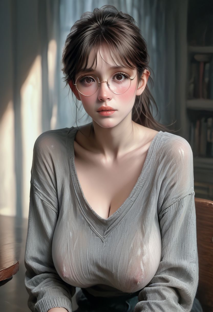 score_9, score_8_up, score_7_up, score_6_up, score_9, score_8_up, score_8, photorealistic painting, Tia as a student, 24 years old, ((she wears small round glasses and has a ponytail)), (grey sweater), reading a book, 
library
soft skin, skinny, petite, (((huge breasts))), hanging breasts, large areolas, slim waist, pubic hair,
detailed face, face of Tia, dark hair, (ponytail), full lips, long nose, broad lips, big eyes, dark eyes, shy,  blushing, 
painterly, faux traditional media, realistic, summer night, pureerosface_v1