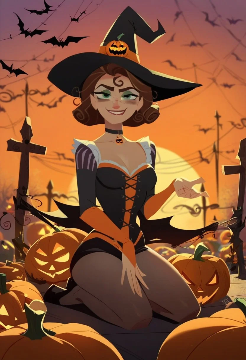 score_8_up, score_7_up, tangledadventure, a woman dressed as a witch, in a suburban neighborhood at Halloween, kneeling, sunset, pumpkins, breasts, smug expression, curly red hair, green eyes, mascara
