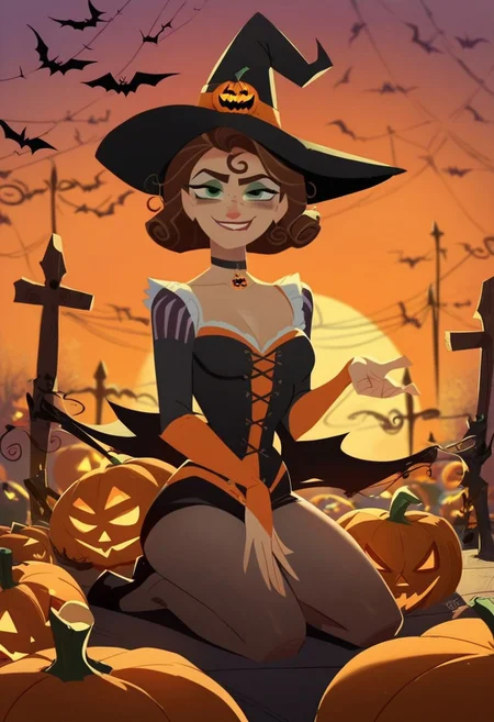 score_8_up, score_7_up, tangledadventure, a woman dressed as a witch, in a suburban neighborhood at Halloween, kneeling, sunset, pumpkins, breasts, smug expression, curly red hair, green eyes, mascara