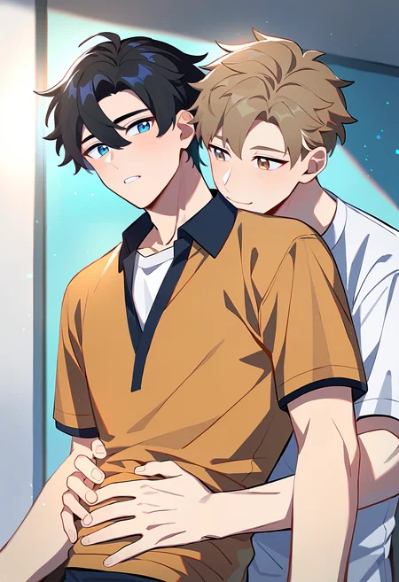2boys, male focus, multiple boys, yaoi, hug, hug from behind, hands on another's stomach, arm at sides, shirt, black hair, brown hair, brown eyes, blue eyes, short hair, sfw, best quality, amazing quality, best aesthetic, absurdres, year 2023