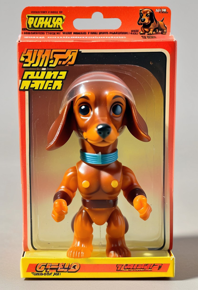<lora:1987 Action Figure Playset Packaging:1>1987 Action Figure Playset Packaging - A product photo of a 1970s japanese toy translucent dachshund fighter figure in front of packaging