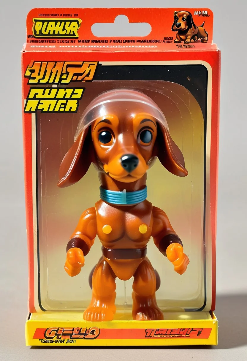 <lora:1987 Action Figure Playset Packaging:1>1987 Action Figure Playset Packaging - A product photo of a 1970s japanese toy translucent dachshund fighter figure in front of packaging