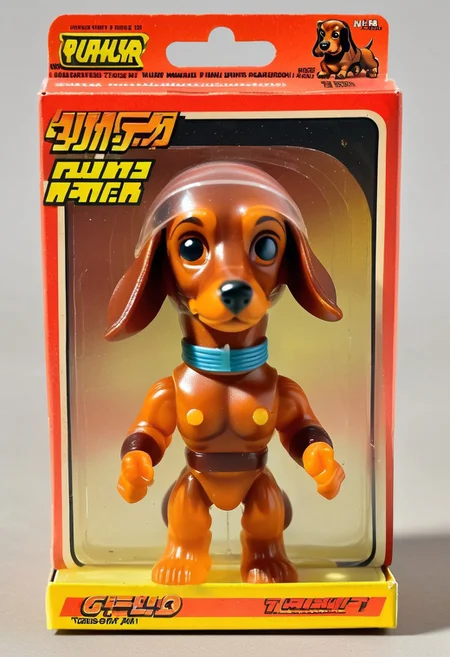 <lora:1987 Action Figure Playset Packaging:1>1987 Action Figure Playset Packaging - A product photo of a 1970s japanese toy translucent dachshund fighter figure in front of packaging