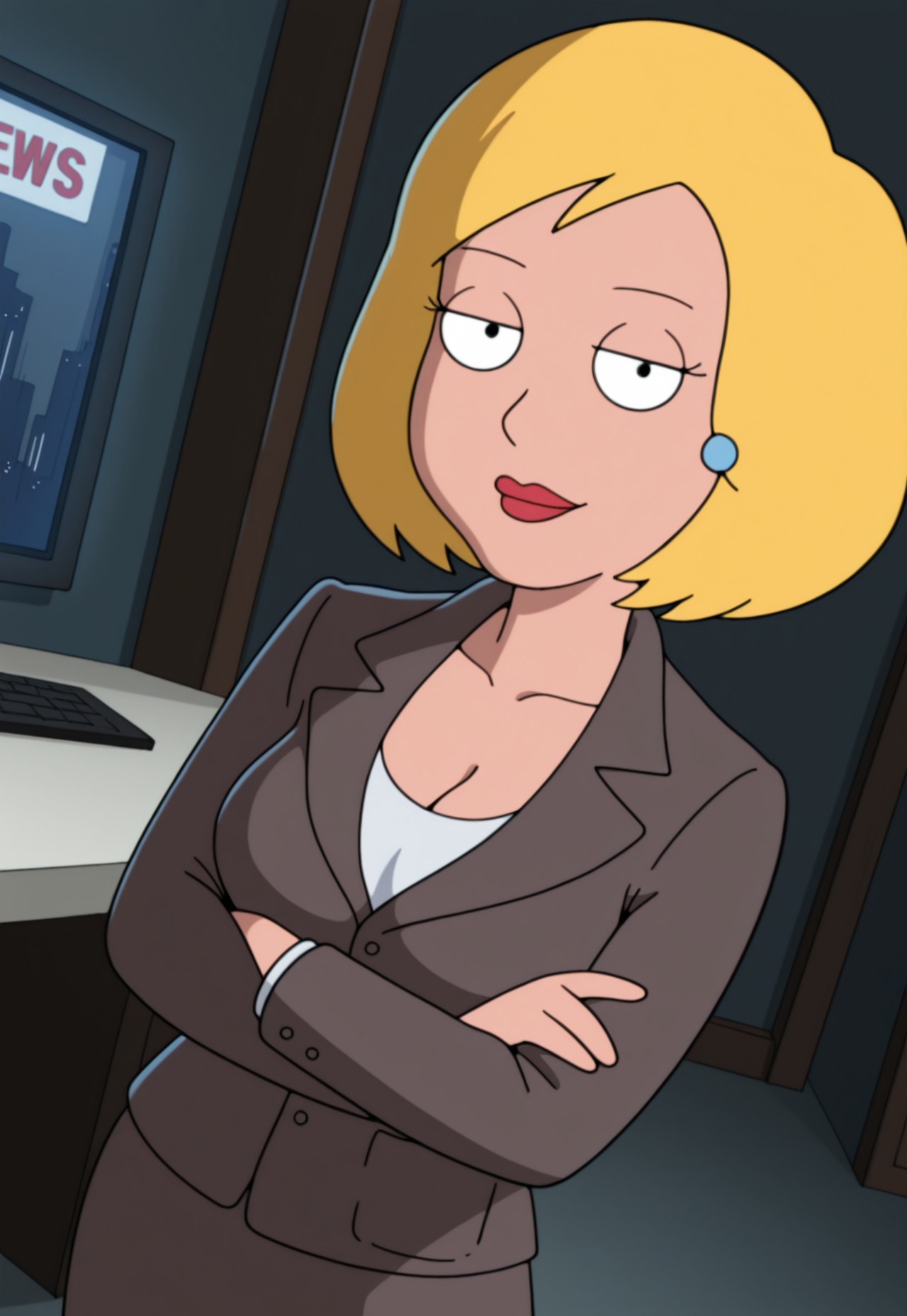 masterpiece, high quality, dynamic angle, 1girl, joycekfg, solo, blonde hair, blue earrings, brown jacket, brown skirt, white undershirt, cleavage, arms crossed, looking at viewer, slight smile, sexy, seductive expression, news room, detailed scenery, cinematic lighting