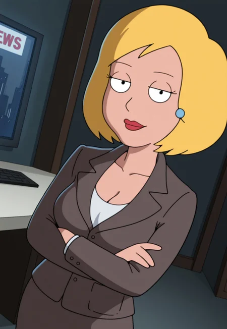 masterpiece, high quality, dynamic angle, 1girl, joycekfg, solo, blonde hair, blue earrings, brown jacket, brown skirt, white undershirt, cleavage, arms crossed, looking at viewer, slight smile, sexy, seductive expression, news room, detailed scenery, cinematic lighting