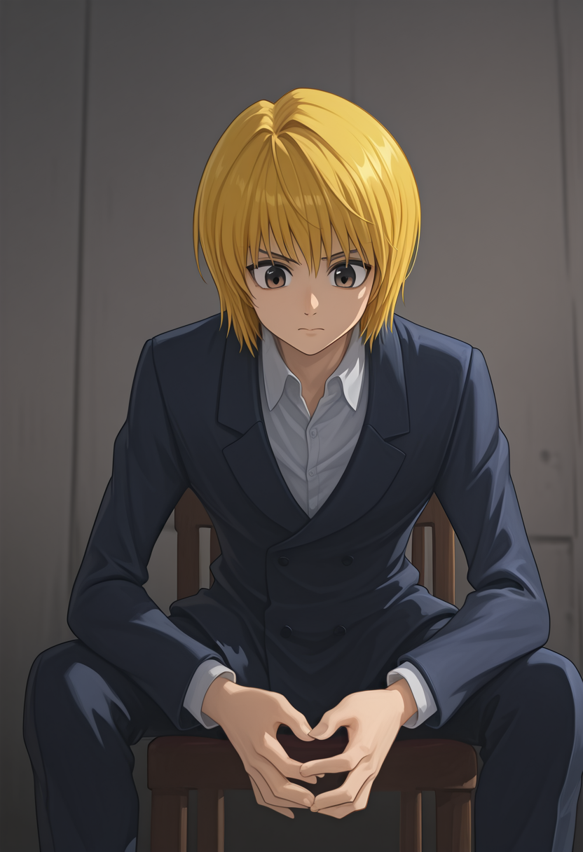 (masterpiece, high quality, amazing detail), highres, Kurapika is now drowning in an indescribable emptiness, 1boy, eren yeager, sitting, looking down, close mouth, chair, indoor, <lora:Kurapika_is_now_drowning_in_an_indescribable_emptiness-000005:1>