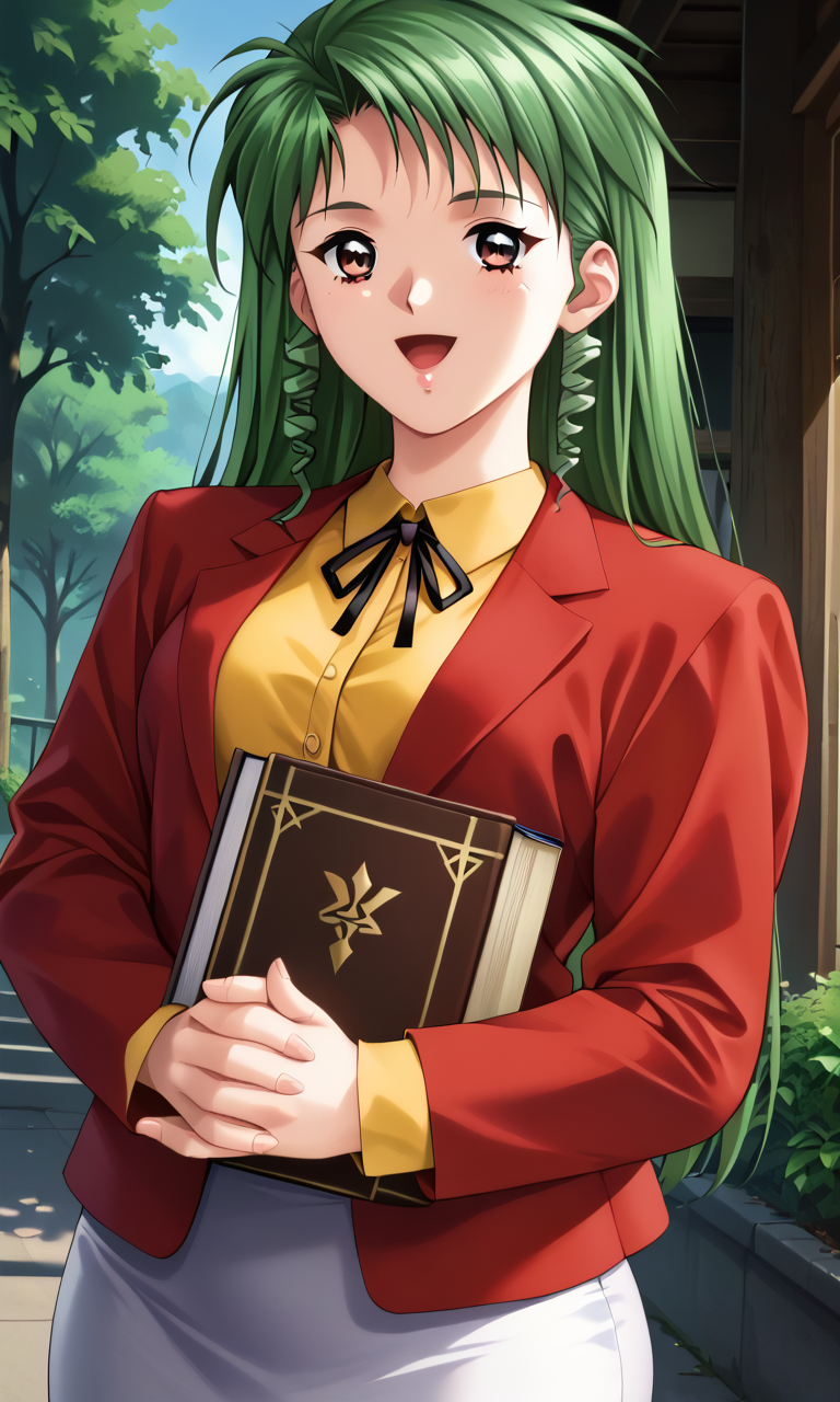 score_9, score_8_up, score_7_up,BREAK chih, 1girl,green hair, dutch angle,long sleeves, brown eyes, long hair,outdoors,day, red jacket, own hands together, drill hair, open mouth, looking at viewer, smile, holding book, yellow shirt,white skirt,twin drills,black ribbon,pencil skirt,<lora:sakumaorig-000009:1>