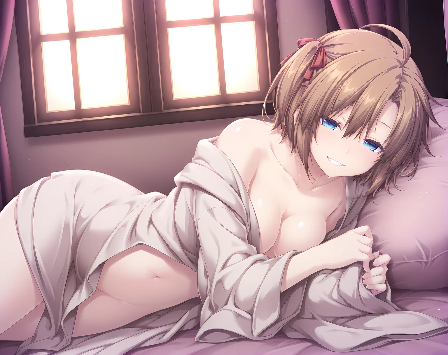 <lora:Shuri_Leyssen:0.8>,solo,shuri,brown hair,medium breasts,short hair,hair ribbon,blue eyes,hair between eyes,ahoge,lying,naked robe,indoors,navel,grin,half-closed eyes,, masterpiece,best quality,amazing quality, very aesthetic, absurdres,detailed eyes,ultra-detailed,