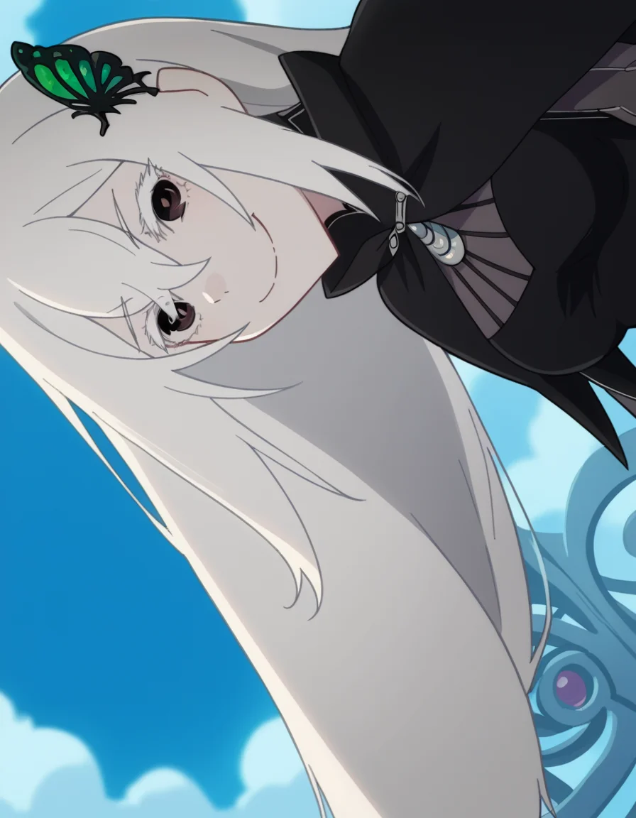 score_9, score_8_up, score_7_up, source_anime, <lora:rezero-echidna-s2-ponyxl-lora-nochekaiser:1>, echidna, colored eyelashes, white hair, hair between eyes, long hair, straight hair, black eyes, medium breasts,, black capelet, black dress, butterfly hair ornament, capelet, dress, hair ornament,, indoors, bent over, smile, smug, looking at viewer, solo,, cowboy shot, dutch angle