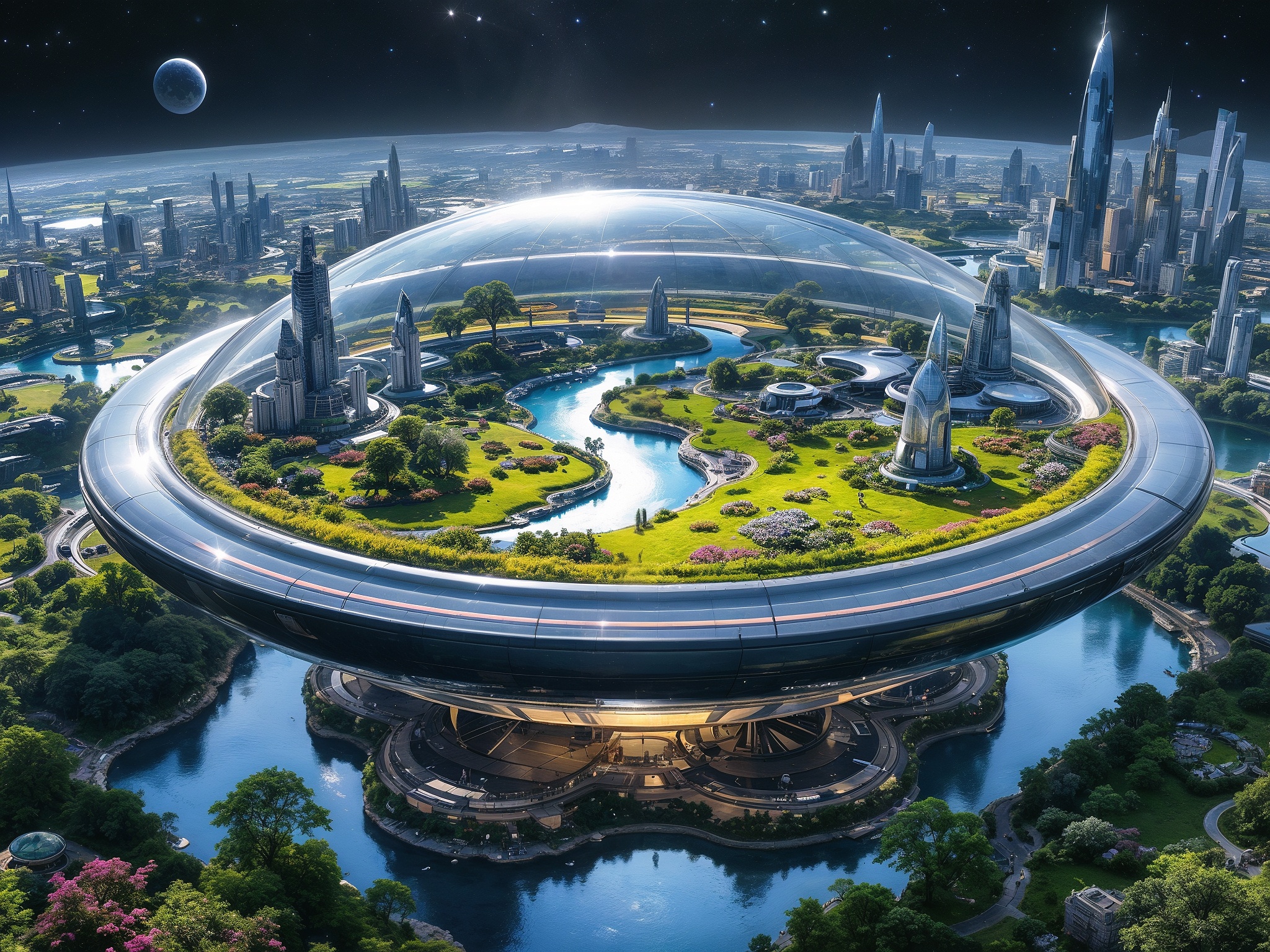 A ring—shaped space station with artificial meadows, rivers and cities under a glass dome inside.