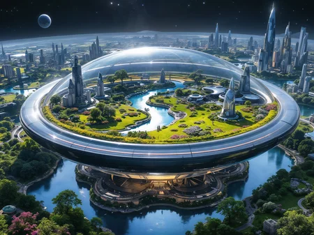 A ring—shaped space station with artificial meadows, rivers and cities under a glass dome inside.