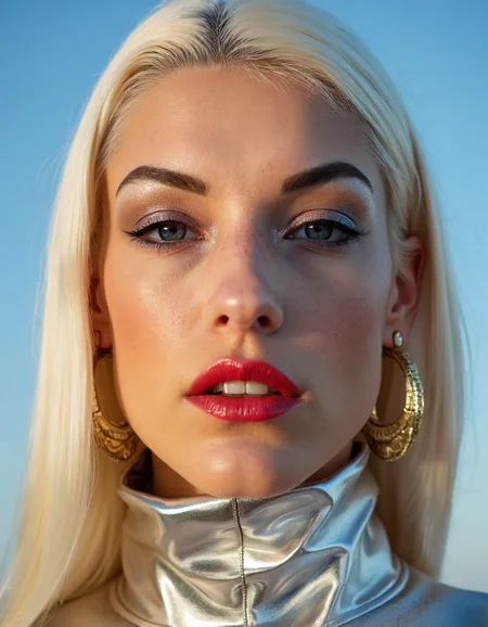 A hyper-detailed, avant-garde photograph featuring a striking blonde woman with pale light skin against a clear, light blue sky. Her full-face close-up highlights the smooth texture of her flawless complexion. Shimmering metallic eyeshadow enhances the depth of her piercing gaze, while her glossy, deep red lips create a bold contrast to her skin. Large, intricately detailed golden hoop earrings reflect light, contributing to her modern allure. She wears metallic urban Buddhist monk clothing, with a turtle neck that enhances her avant-garde look. The reflective surfaces of her earrings and outfit create a dynamic interplay with the environment, emphasizing her sleek presence. The minimalist background allows the viewer to focus on her eye-catching fashion and makeup. Captured with a Sony A7R IV camera and a 50mm f/1.2 G Master lens for a beauty editorial shoot, this composition highlights her fashion-forward aesthetic. Inspired by avant-garde fashion photography from Sølve Sundsbø, this image blends contemporary fashion and minimalist elegance, embodying mythp0rt and niji_flux styles for a sleek, high-fashion vision. ((glow_skin, iridescent skin, oily skin, portrait)).