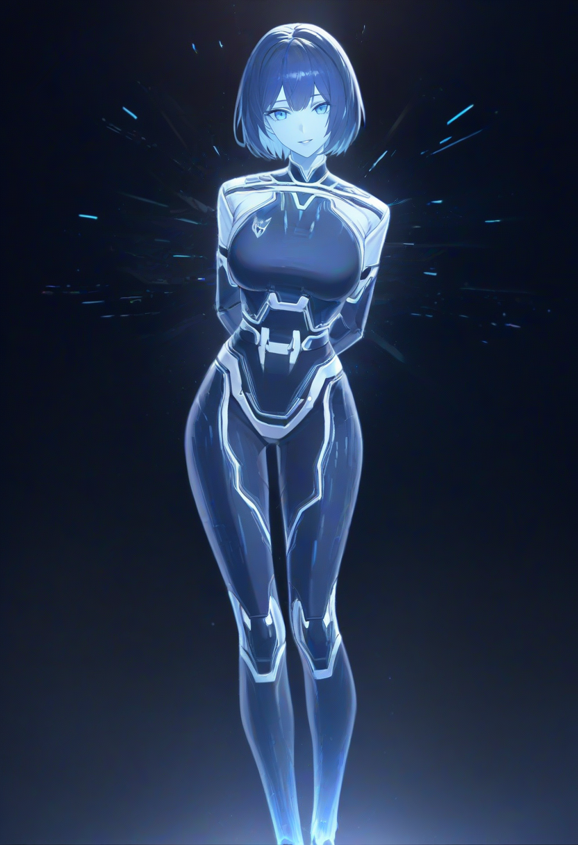 masterpiece, best quality, amazing quality,
1girl, solo, USTheWeapon, blue skin, holographic girl,
standing, arms behind back, hands behind back,
facing viewer, looking at viewer,
light smile, parted lips,
dark background,
<lora:USTheWeapon:1>,