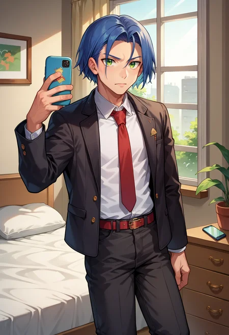 score_9, score_8_up,score_7_up, score_9, score_8_up,score_7_up, source_anime, 1boy, solo, <lora:EPpkJamesPony-07:0.8> EPpkJames, medium hair, blue hair, green eyes, black jacket, black pants, pants, jacket, white shirt, red necktie, necktie, phone, holding, holding phone, taking picture, selfie,bedroom, window, bed, chest of drawers,