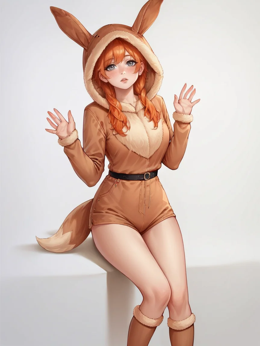 score_9, score_8_up, score_7_up, score_6_up, score_5_up, score_4_up, 1girl, <lora:33v33XLP:0.6> 33v33, onesie, ears, tail, knee high socks, hood up, ginger hair, long hair, curvy, source_anime,