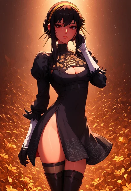 score_9, score_8_up, score_7_up, score_6_up, 1girl, Yor_Briar, twobskirt, nier dress, cleavage cutout, skirt, thighhighs under boots