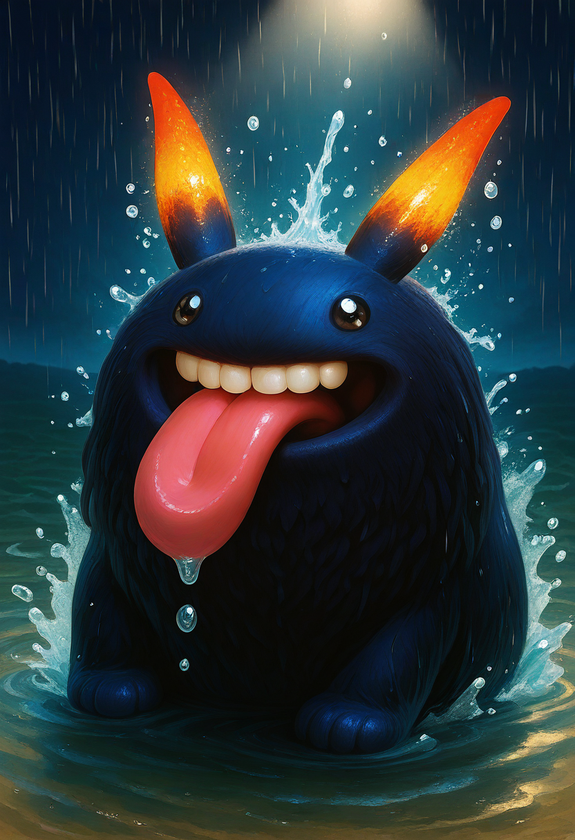high-resolution, realistic, 3D, detailed skin, detailed eyes, shadows, dark light, eyelashes, upper body, cheeky, posing, holographic color,, Nebulous Hundun and Gnomes' Rain Dance creature, splashing in puddles, gnomes, rain dance, floppy tongue, sparkling rainbows, vibrant, chaotic, playful, animated short film style, rain, rim lighting
